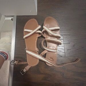 Brown and Cream Flat Sandals with Ankle Strap (Worn, good condition)